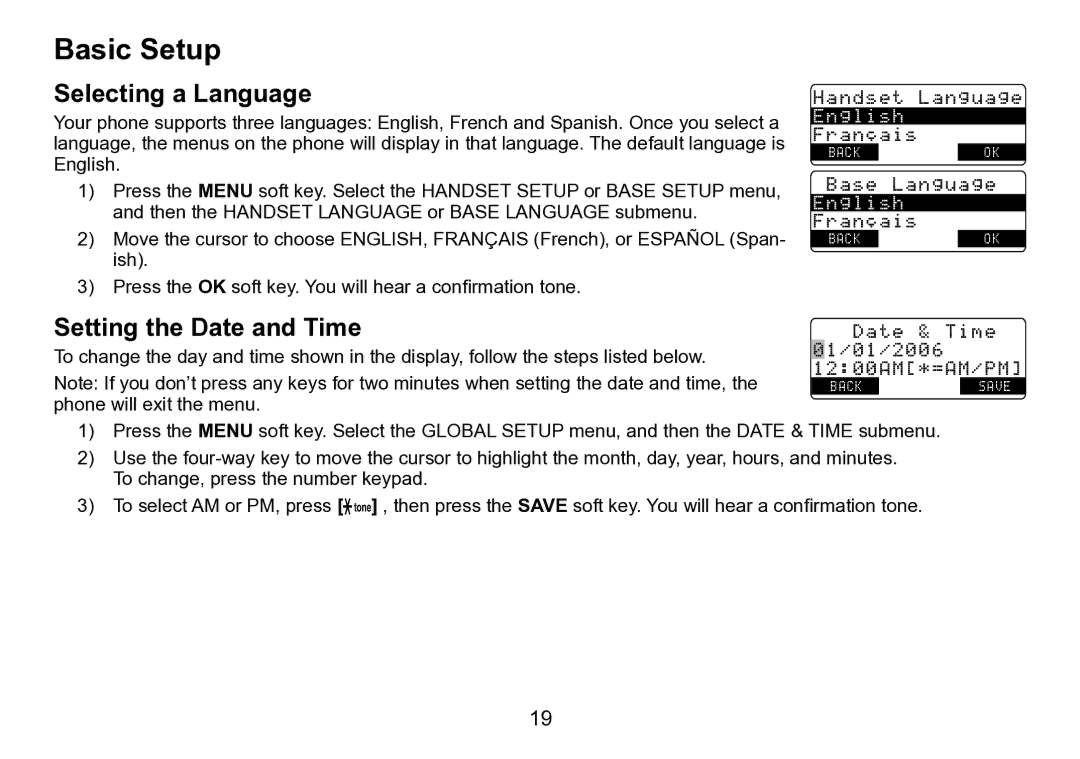 Uniden TRU9496 manual Basic Setup, Selecting a Language, Setting the Date and Time 