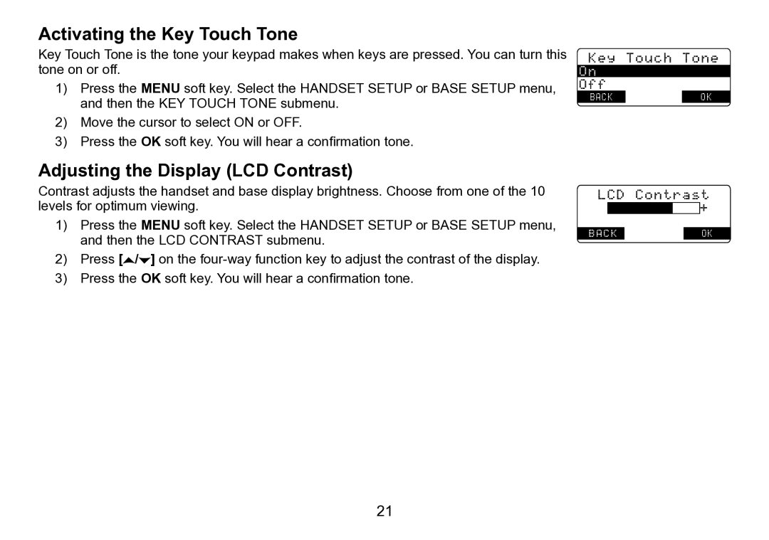 Uniden TRU9496 manual Activating the Key Touch Tone, Adjusting the Display LCD Contrast 