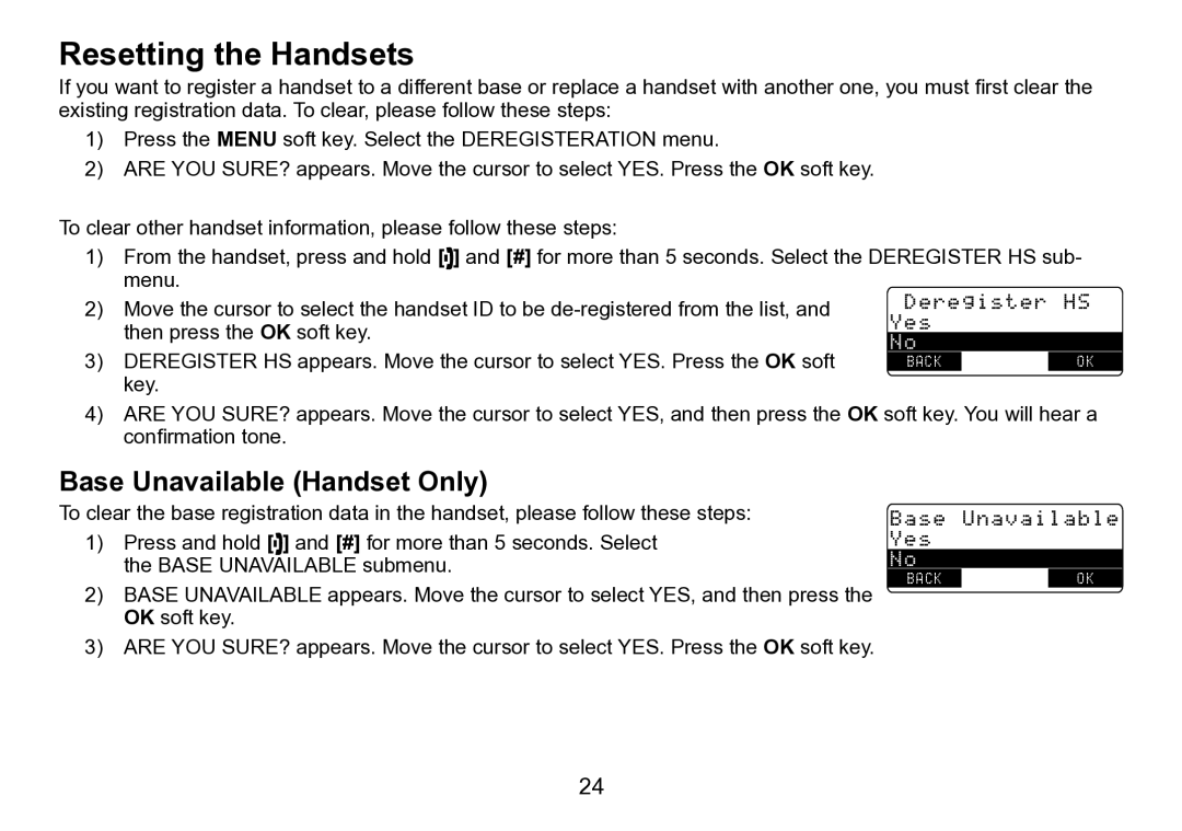 Uniden TRU9496 manual Resetting the Handsets, Base Unavailable Handset Only 