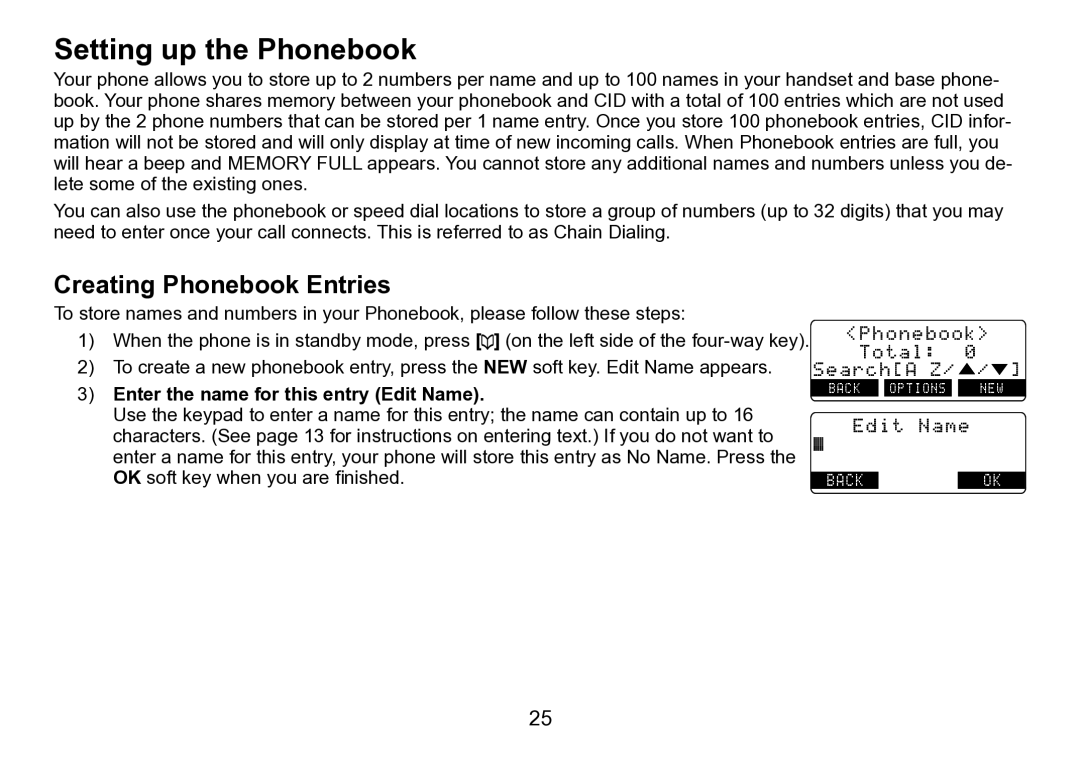 Uniden TRU9496 manual Setting up the Phonebook, Creating Phonebook Entries, Enter the name for this entry Edit Name 