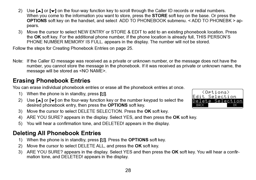 Uniden TRU9496 manual Erasing Phonebook Entries, Deleting All Phonebook Entries 