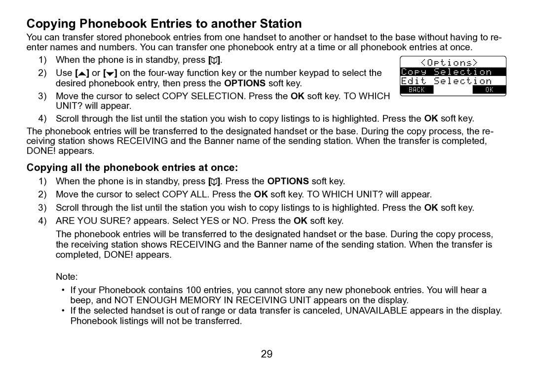 Uniden TRU9496 manual Copying Phonebook Entries to another Station, Copying all the phonebook entries at once 