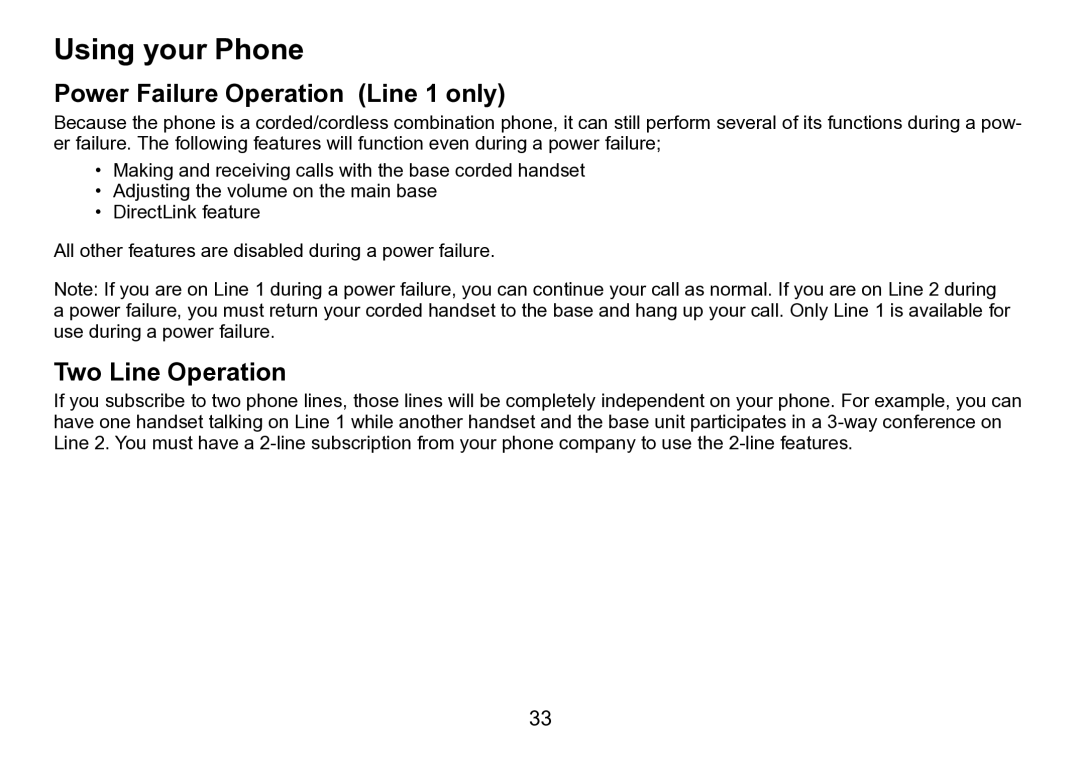 Uniden TRU9496 manual Using your Phone, Power Failure Operation Line 1 only, Two Line Operation 