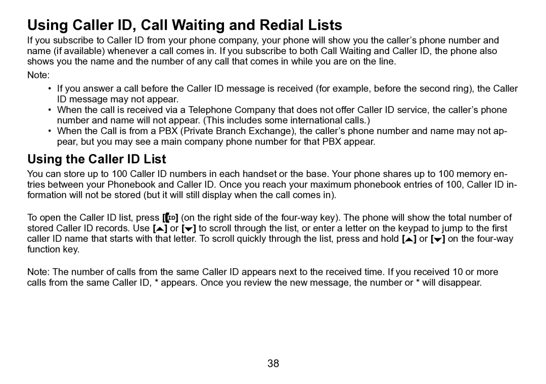 Uniden TRU9496 manual Using Caller ID, Call Waiting and Redial Lists, Using the Caller ID List 