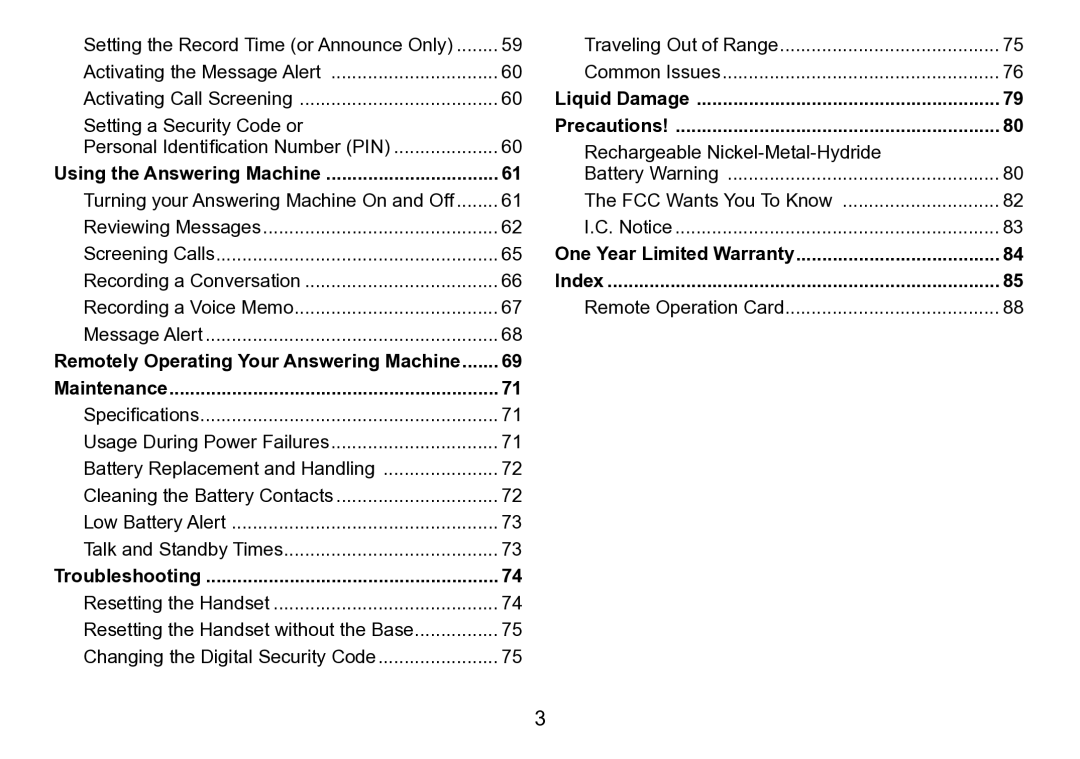 Uniden TRU9496 Liquid Damage, Precautions, Using the Answering Machine, One Year Limited Warranty, Index, Troubleshooting 