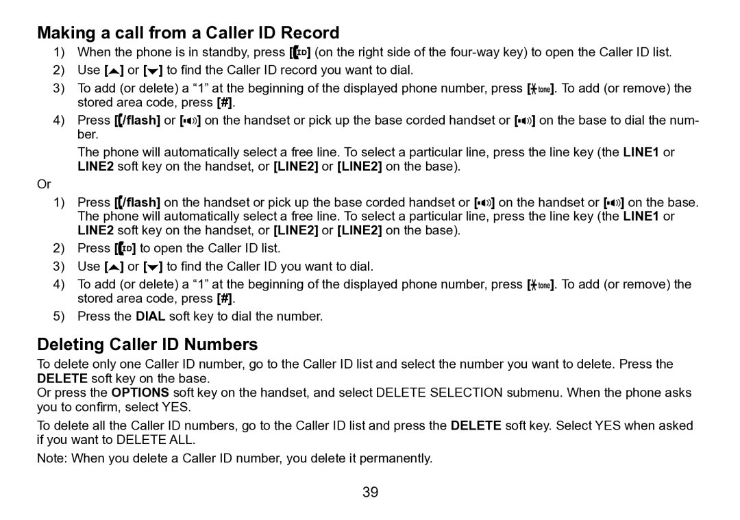 Uniden TRU9496 manual Making a call from a Caller ID Record, Deleting Caller ID Numbers 