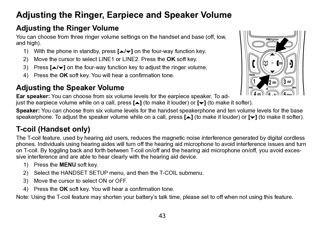 Uniden TRU9496 manual Adjusting the Ringer, Earpiece and Speaker Volume, Adjusting the Ringer Volume, Coil Handset only 