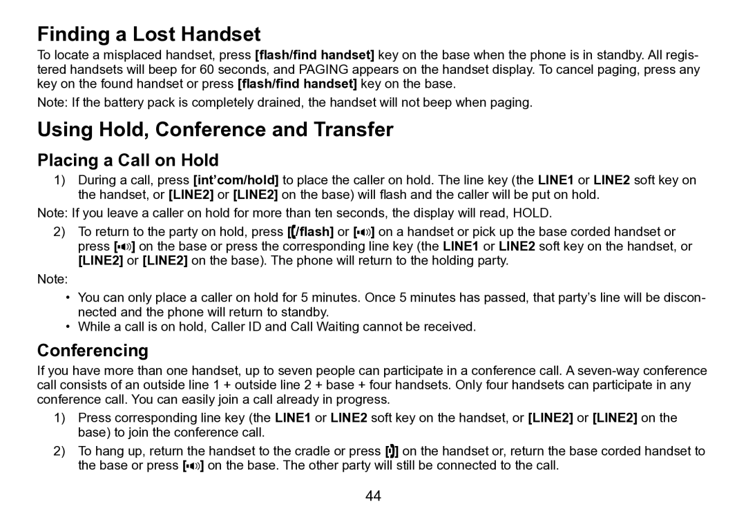 Uniden TRU9496 manual Finding a Lost Handset, Using Hold, Conference and Transfer, Placing a Call on Hold, Conferencing 