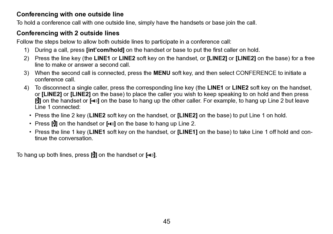 Uniden TRU9496 manual Conferencing with one outside line, Conferencing with 2 outside lines 