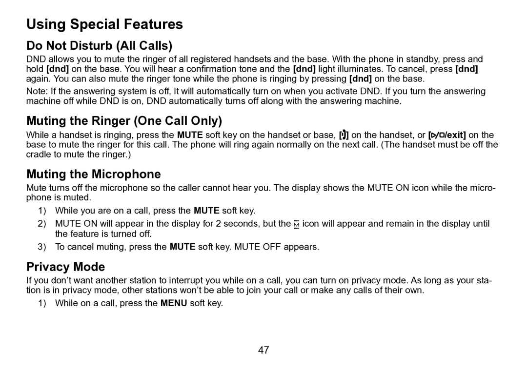 Uniden TRU9496 Using Special Features, Do Not Disturb All Calls, Muting the Ringer One Call Only, Muting the Microphone 