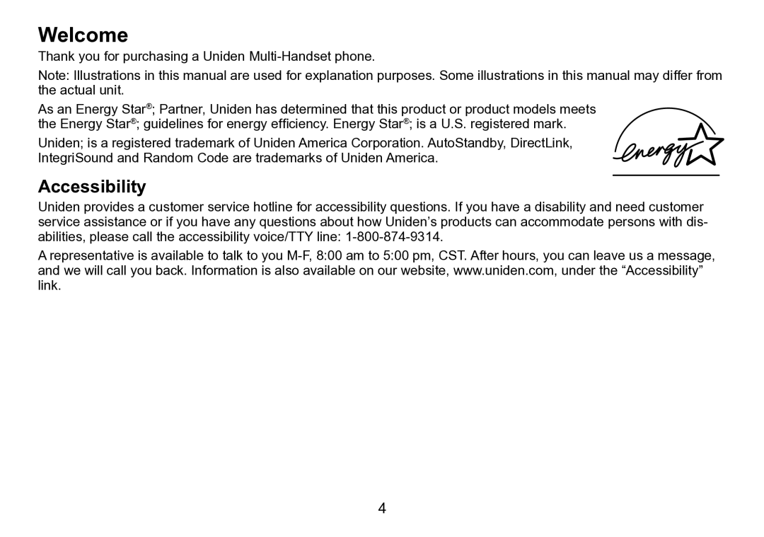 Uniden TRU9496 manual Welcome, Accessibility 