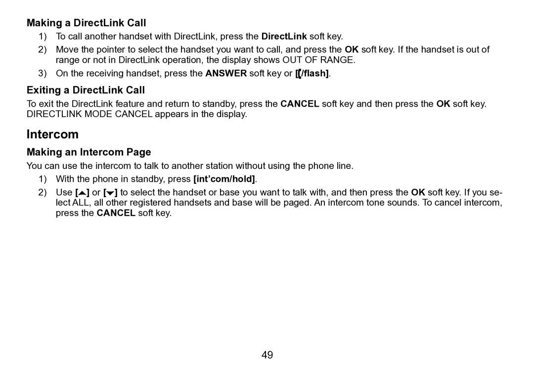 Uniden TRU9496 manual Making a DirectLink Call, Exiting a DirectLink Call, Making an Intercom 