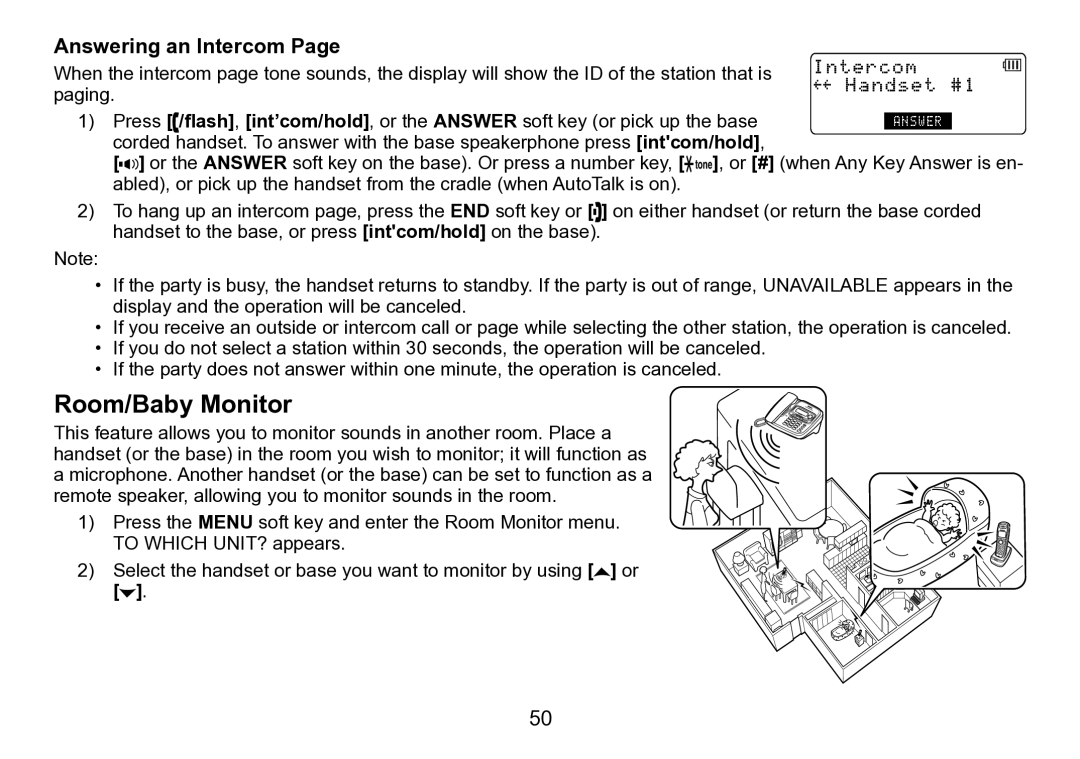 Uniden TRU9496 manual Room/Baby Monitor, Answering an Intercom 