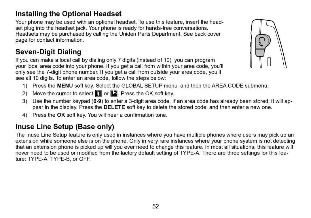 Uniden TRU9496 manual Installing the Optional Headset, Seven-Digit Dialing, Inuse Line Setup Base only 