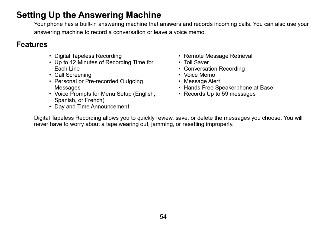 Uniden TRU9496 manual Setting Up the Answering Machine, Features 