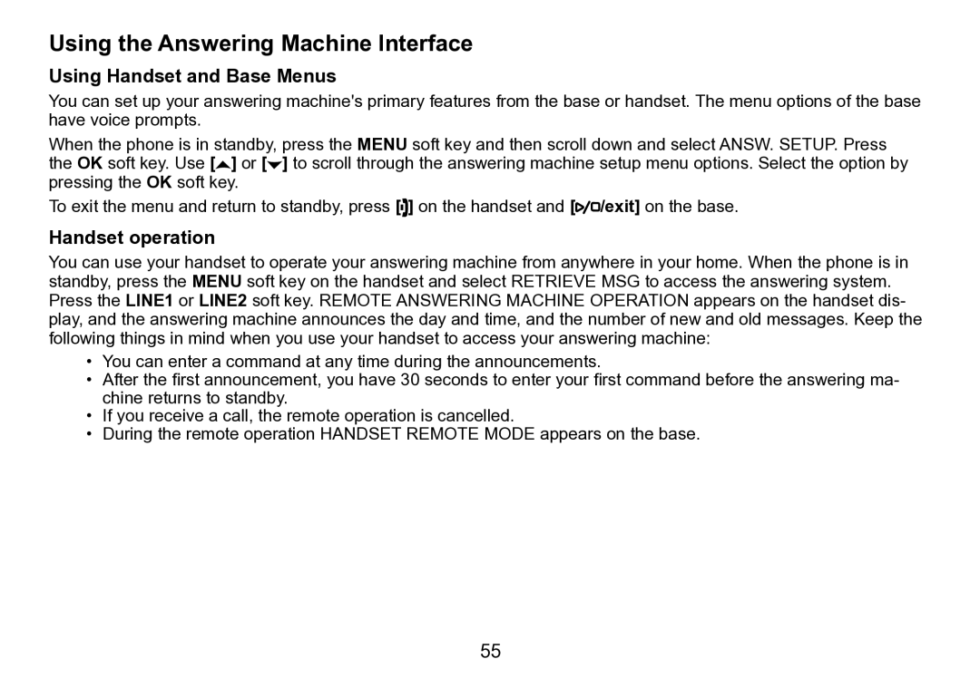 Uniden TRU9496 manual Using the Answering Machine Interface, Using Handset and Base Menus, Handset operation 