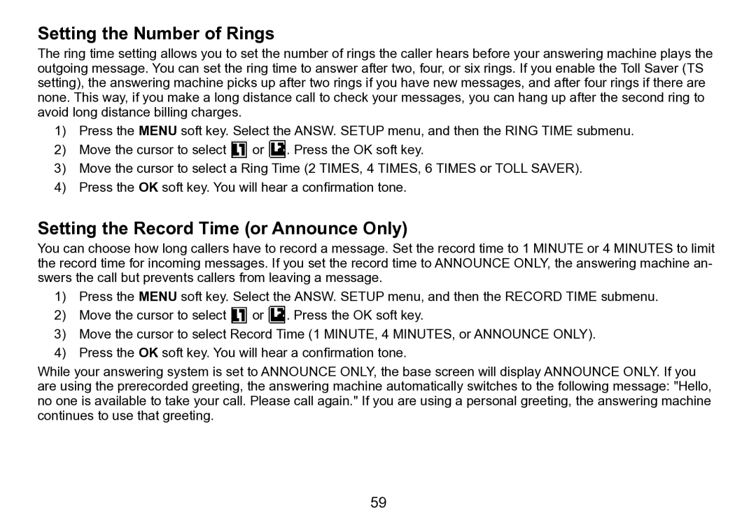 Uniden TRU9496 manual Setting the Number of Rings, Setting the Record Time or Announce Only 