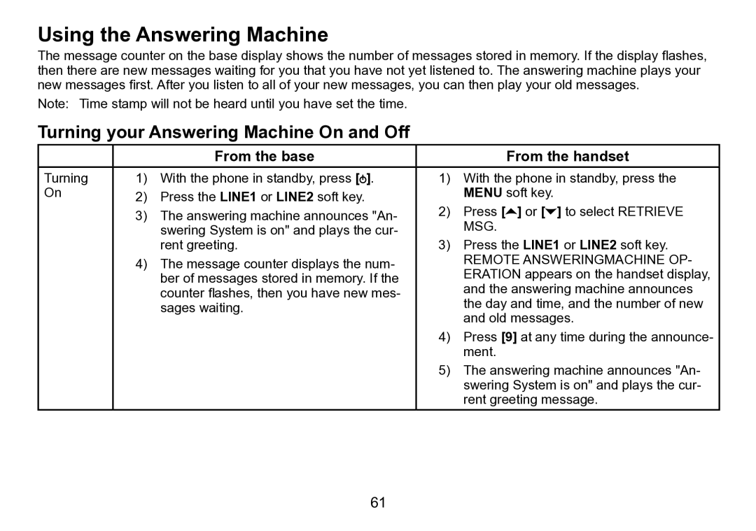 Uniden TRU9496 manual Using the Answering Machine, Turning your Answering Machine On and Off 