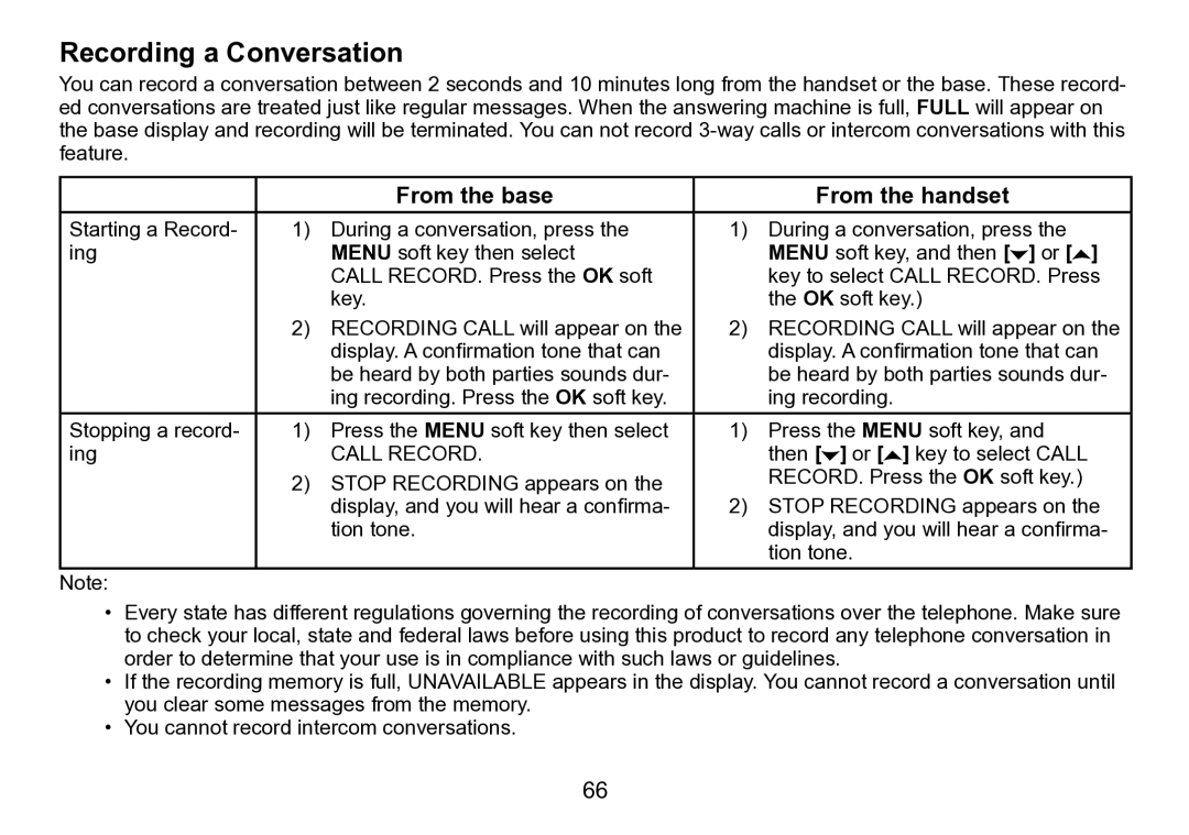 Uniden TRU9496 manual Recording a Conversation, Call Record 