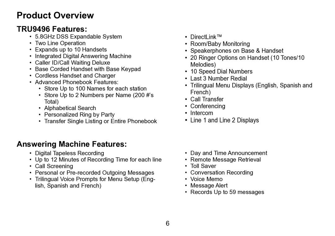 Uniden manual Product Overview, TRU9496 Features, Answering Machine Features 