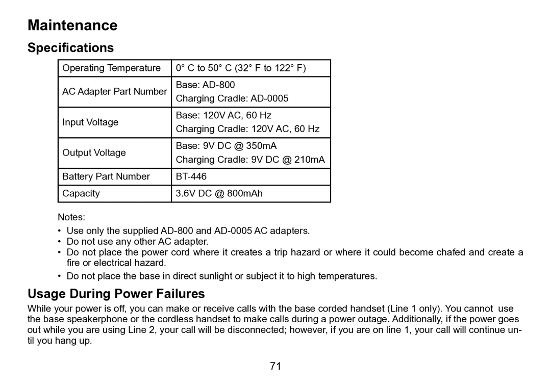 Uniden TRU9496 manual Maintenance, Specifications, Usage During Power Failures 