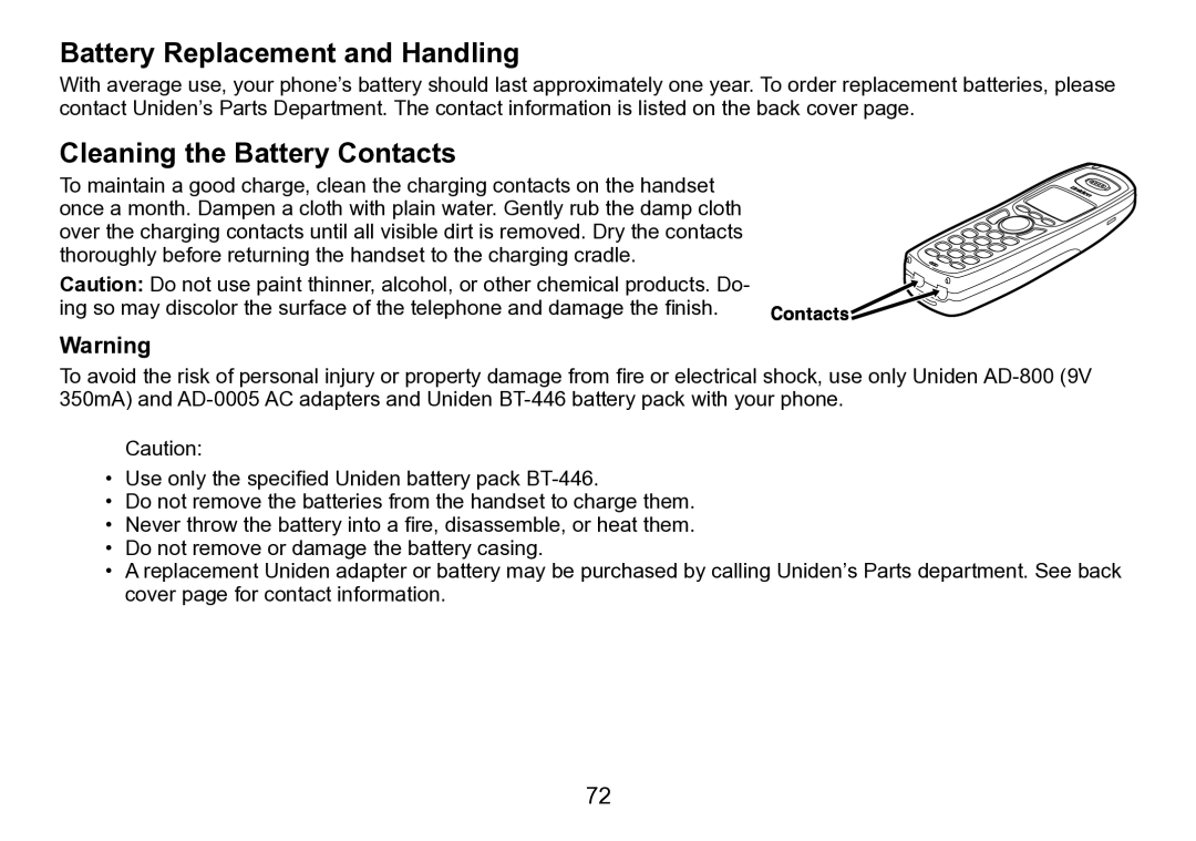 Uniden TRU9496 manual Battery Replacement and Handling, Cleaning the Battery Contacts 