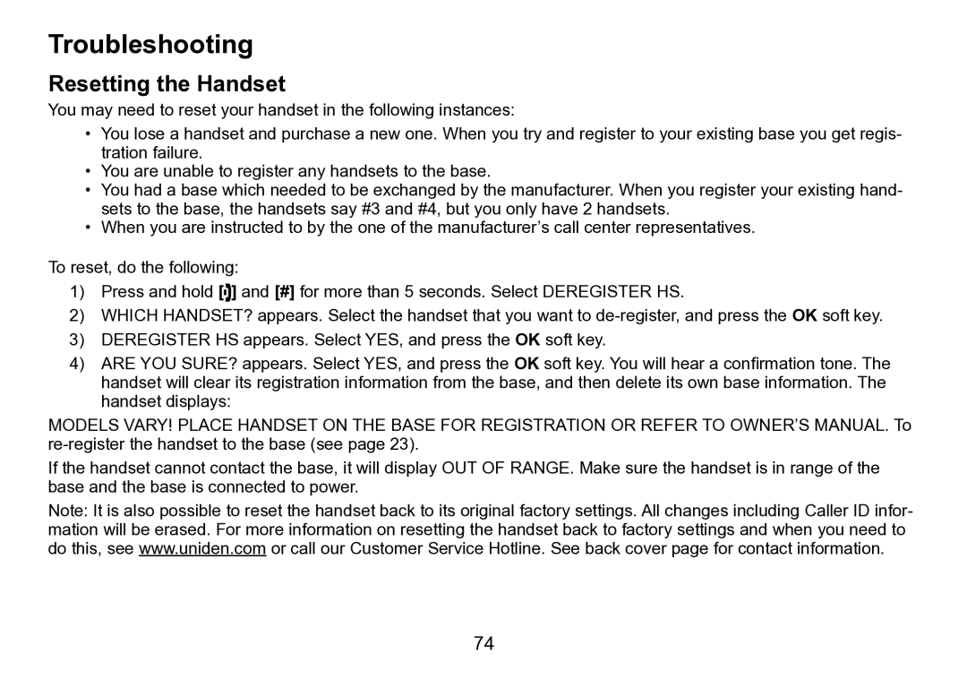 Uniden TRU9496 manual Troubleshooting, Resetting the Handset 