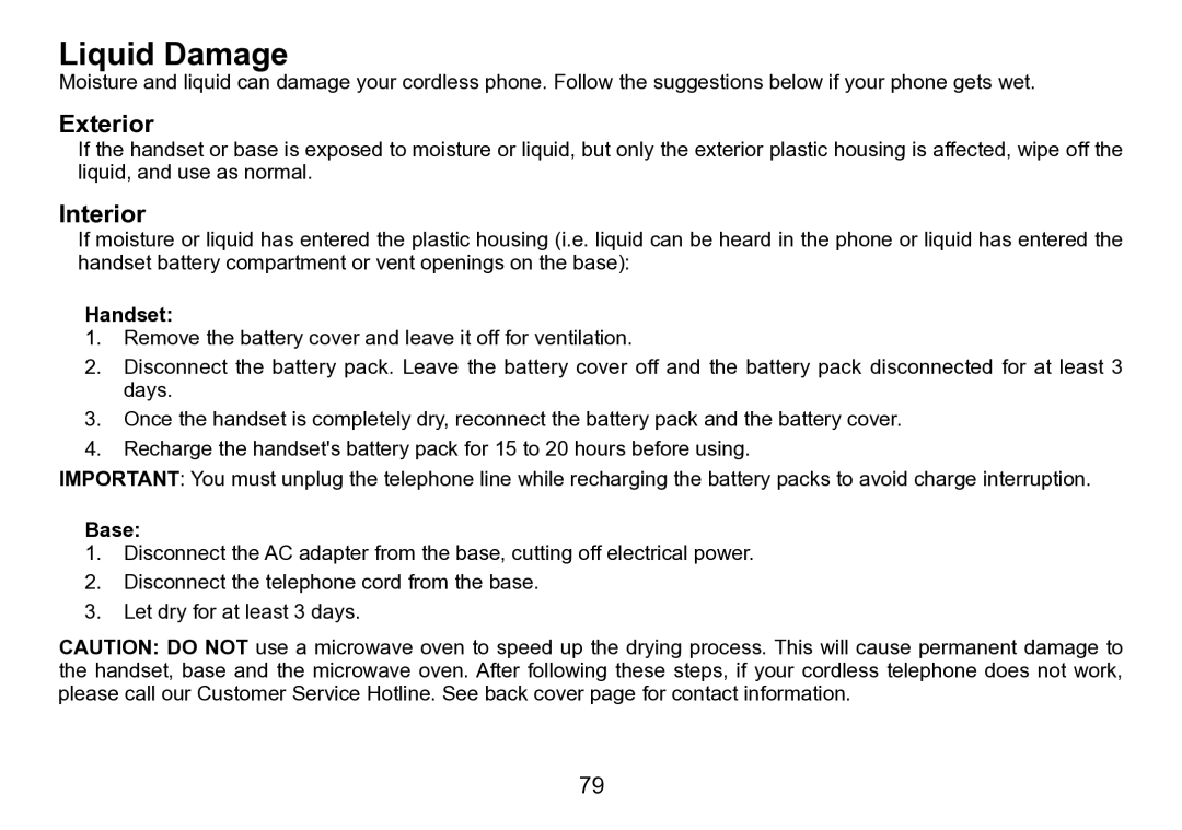 Uniden TRU9496 manual Liquid Damage, Base 