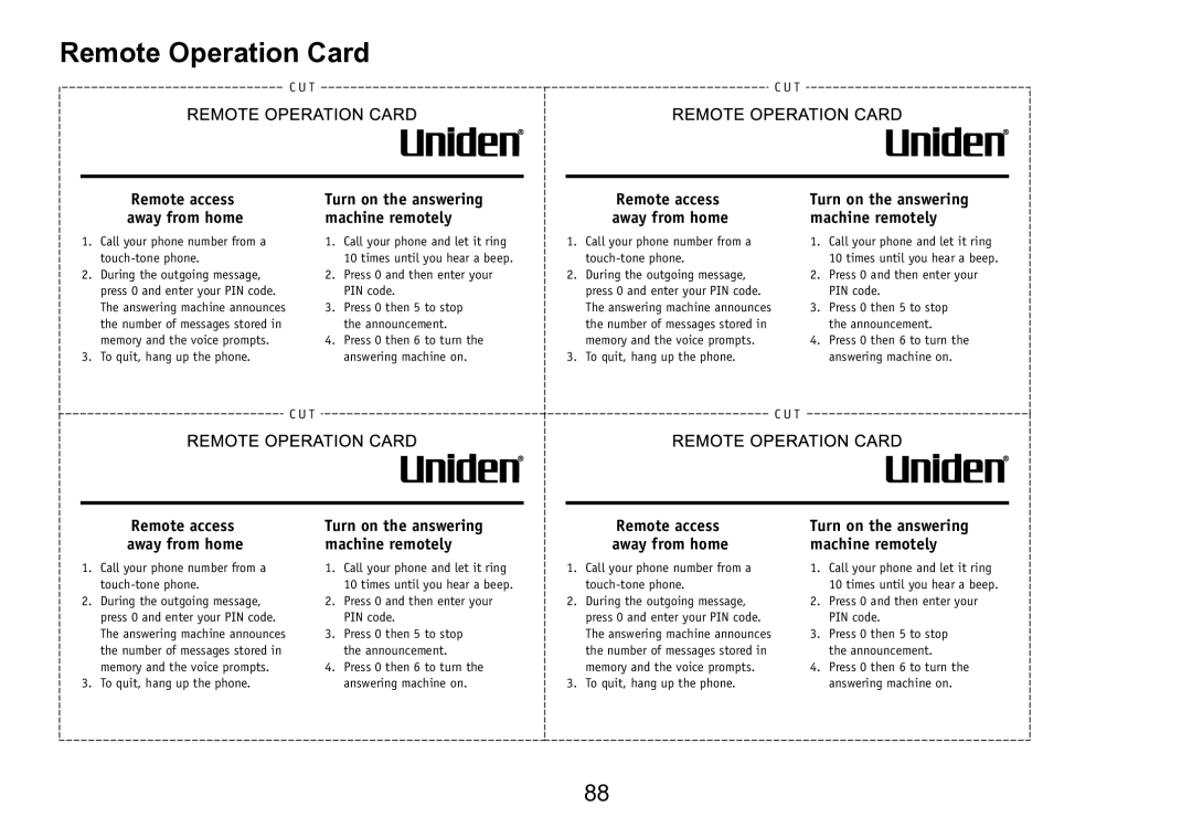 Uniden TRU9496 manual Remote Operation Card, Remote access away from home 