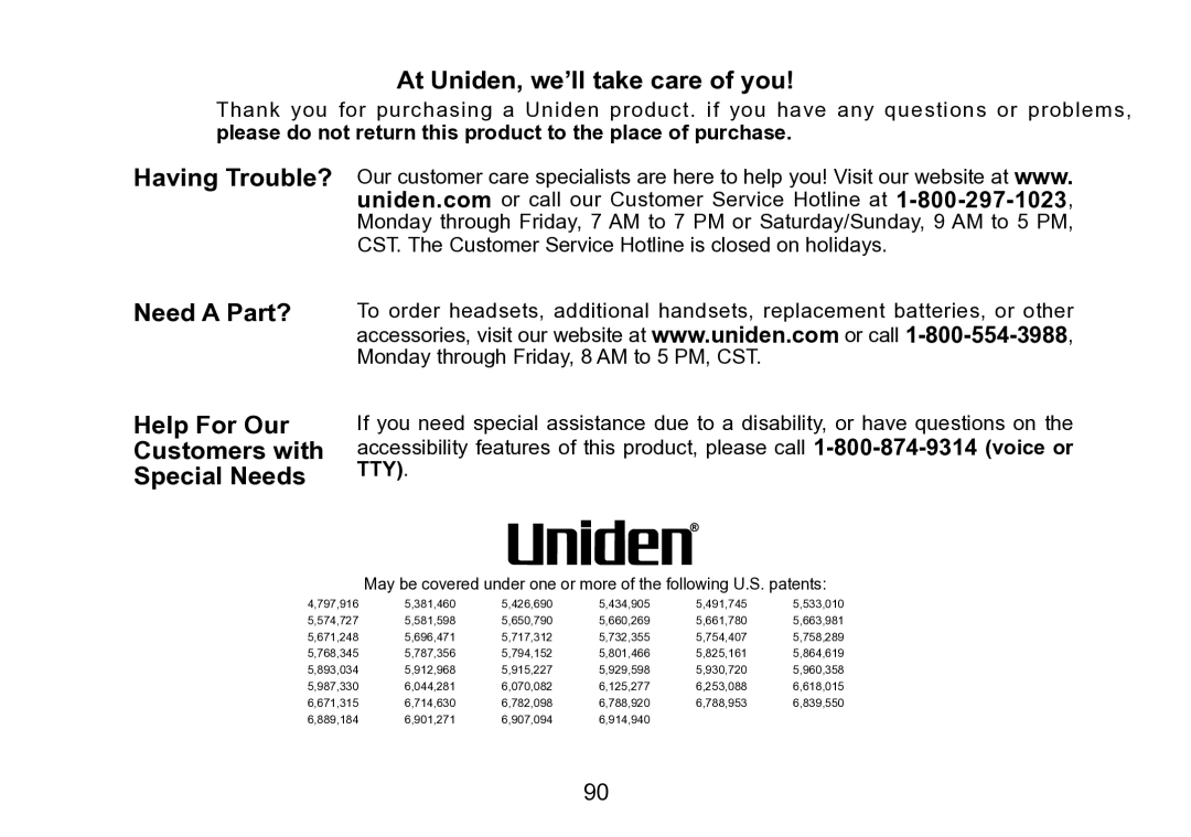 Uniden TRU9496 manual At Uniden, we’ll take care of you, Please do not return this product to the place of purchase 