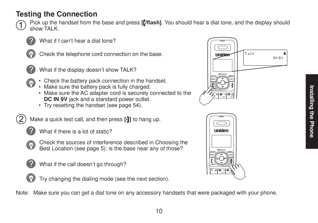 Uniden TRU9585 manual Testing the Connection 