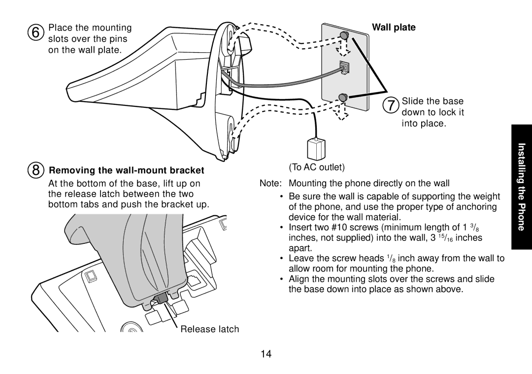 Uniden TRU9585 manual Removing the wall-mount bracket, Wall plate 