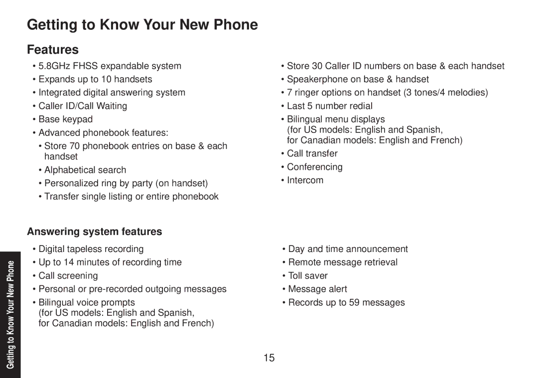 Uniden TRU9585 manual Getting to Know Your New Phone, Features, Answering system features 