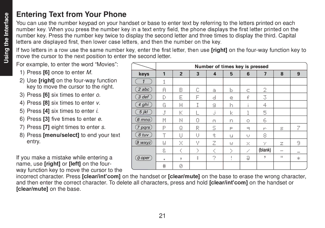 Uniden TRU9585 manual Entering Text from Your Phone 