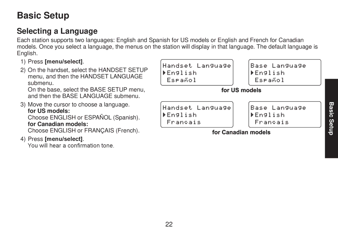 Uniden TRU9585 manual Basic Setup, Selecting a Language, Press menu/select 