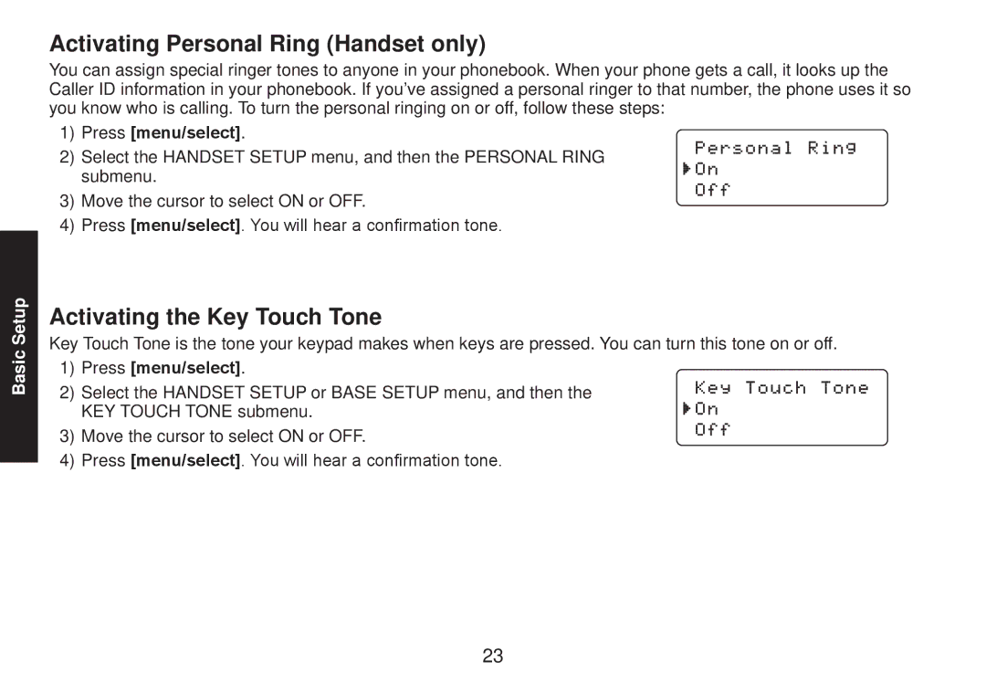 Uniden TRU9585 manual Activating Personal Ring Handset only, Activating the Key Touch Tone 