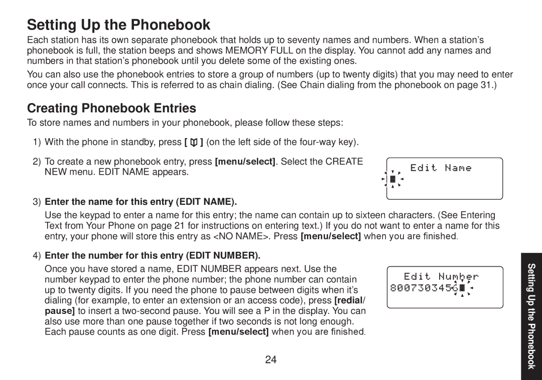 Uniden TRU9585 manual Setting Up the Phonebook, Creating Phonebook Entries, Enter the name for this entry Edit Name 