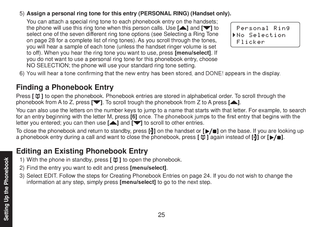 Uniden TRU9585 manual Finding a Phonebook Entry, Editing an Existing Phonebook Entry 