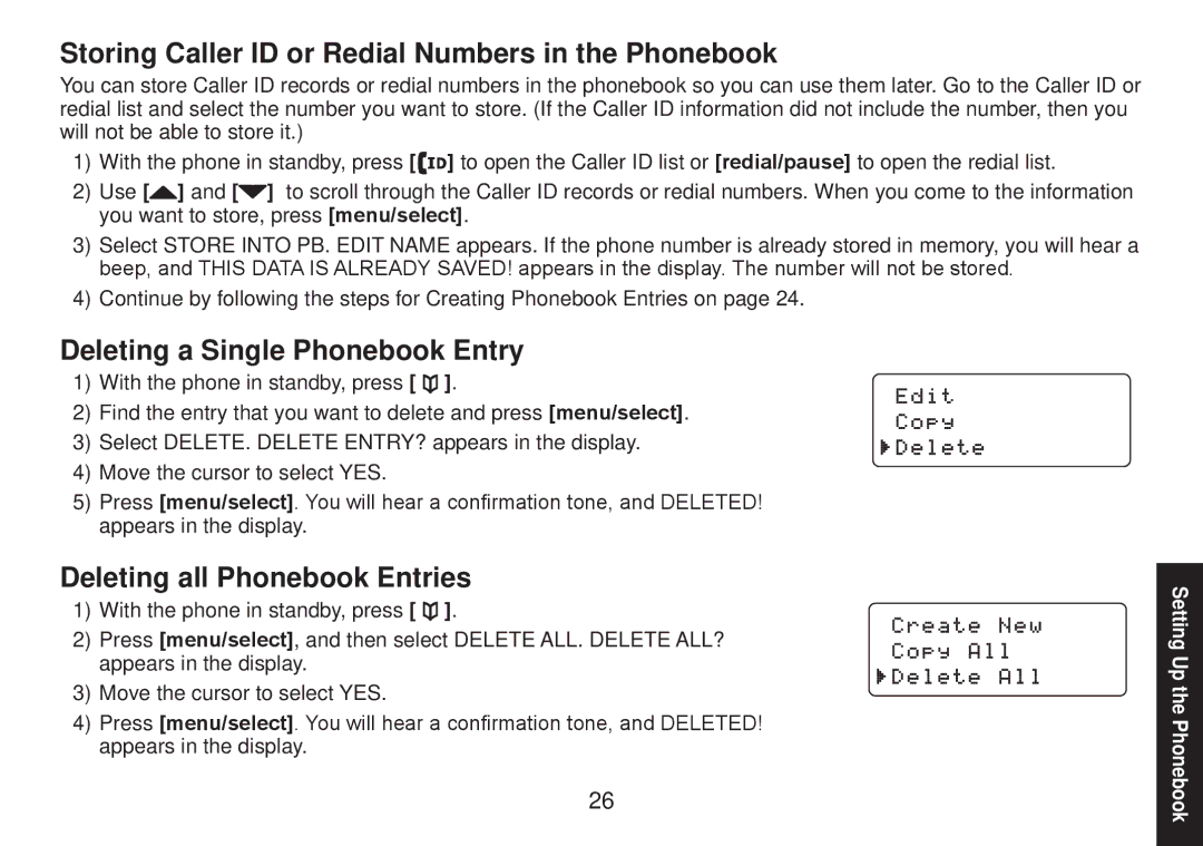 Uniden TRU9585 manual Storing Caller ID or Redial Numbers in the Phonebook, Deleting a Single Phonebook Entry 