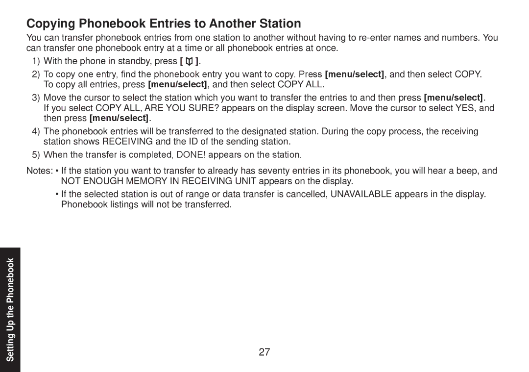 Uniden TRU9585 manual Copying Phonebook Entries to Another Station 