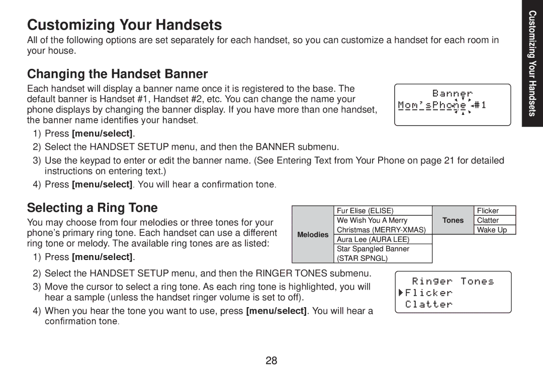 Uniden TRU9585 manual Customizing Your Handsets, Changing the Handset Banner, Selecting a Ring Tone 