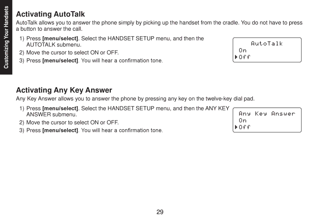 Uniden TRU9585 manual Activating AutoTalk, Activating Any Key Answer 