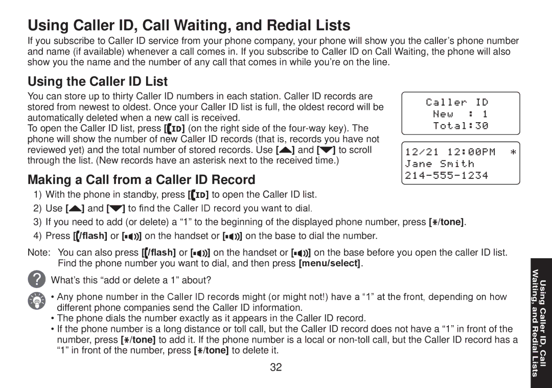 Uniden TRU9585 manual Using Caller ID, Call Waiting, and Redial Lists, Using the Caller ID List 