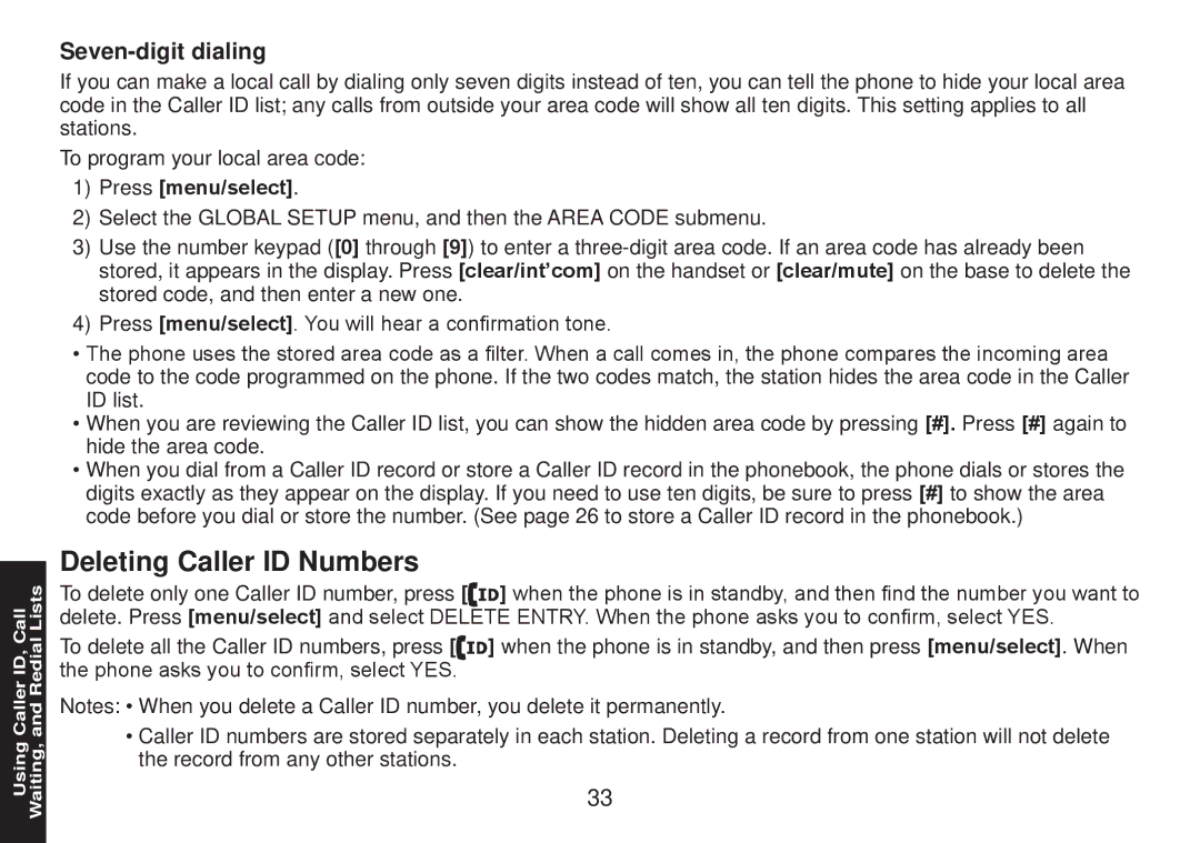 Uniden TRU9585 manual Deleting Caller ID Numbers, Seven-digit dialing 