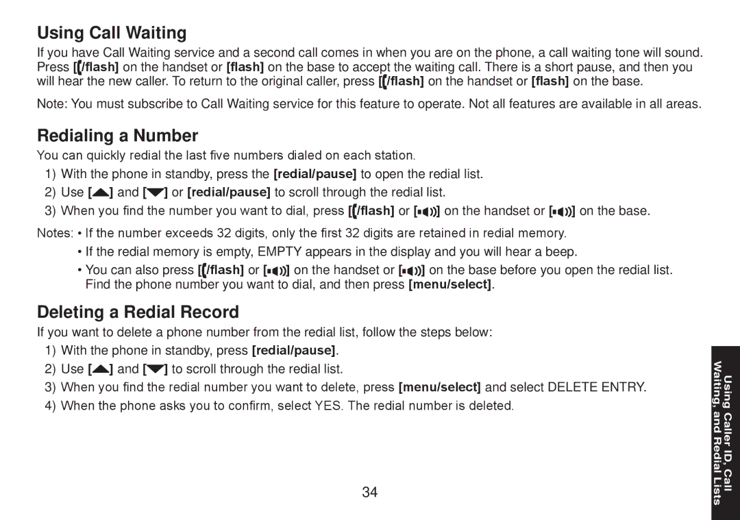 Uniden TRU9585 manual Using Call Waiting, Redialing a Number, Deleting a Redial Record 