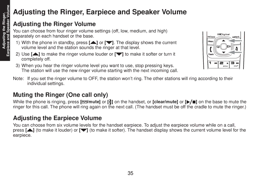 Uniden TRU9585 manual Adjusting the Ringer, Earpiece and Speaker Volume, Adjusting the Ringer Volume 