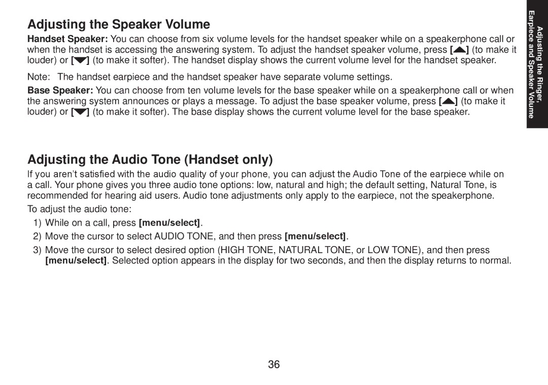 Uniden TRU9585 manual Adjusting the Speaker Volume, Adjusting the Audio Tone Handset only 