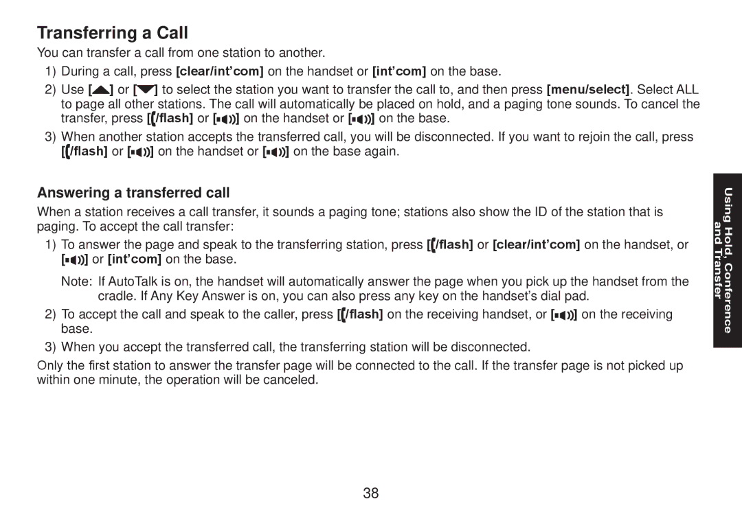 Uniden TRU9585 manual Transferring a Call, Answering a transferred call 