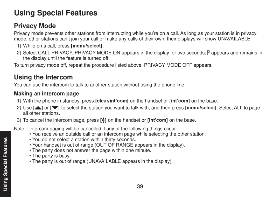 Uniden TRU9585 manual Using Special Features, Privacy Mode, Using the Intercom, Making an intercom 