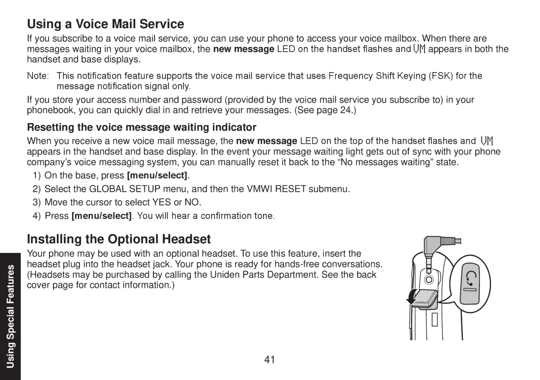 Uniden TRU9585 Using a Voice Mail Service, Installing the Optional Headset, Resetting the voice message waiting indicator 